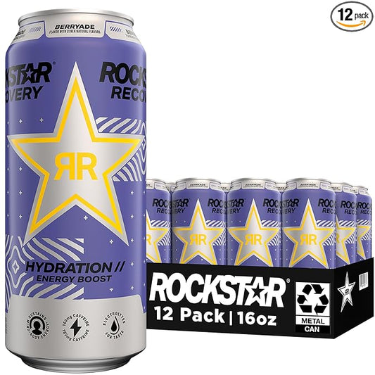 Rockstar Recovery Non-Carbonated Energy Drink, Berryade, 16 fl oz Cans, (12 Pack), Hydration // Mind-Body Energy,160mg Caffeine, B Vitamins, Electrolytes