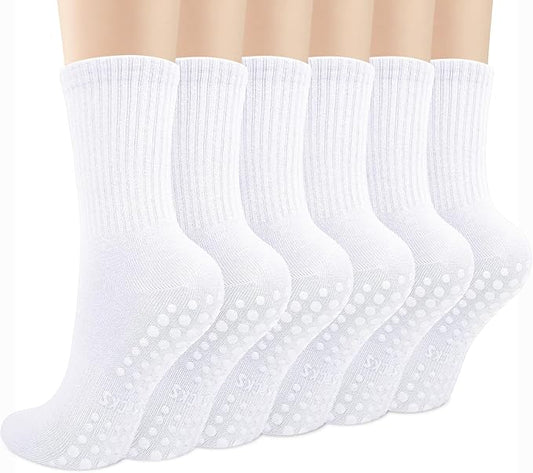 Justay 6 Pairs Pilates Socks with Grips for Women Soft Non Slip Crew Cotton Athletic Workout Barre Hospital Yoga Socks