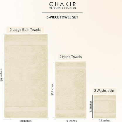 Chakir Turkish Linens 100% Cotton Premium Turkish Towels for Bathroom, 2 Large Bath Towels, 2 Hand Towels, 2 Washcloths (6-Piece Towel Set, Beige)