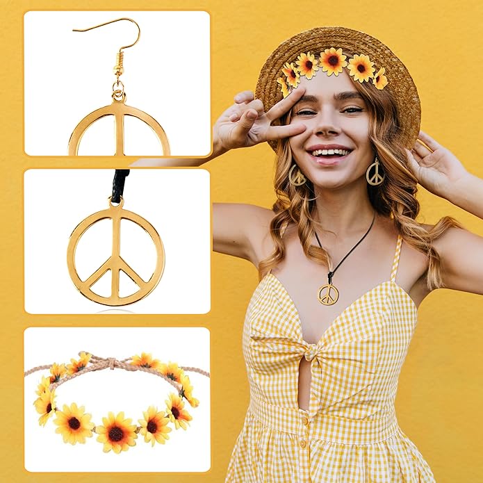 choice of all Peace Sign Necklace Earrings Sunflower Headband Set for Women 60s 70s Outfits Hip Hop Hippie Jewelry Halloween Costume Accessories