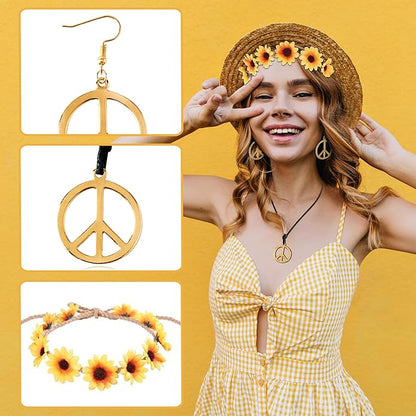 choice of all Peace Sign Necklace Earrings Sunflower Headband Set for Women 60s 70s Outfits Hip Hop Hippie Jewelry Halloween Costume Accessories