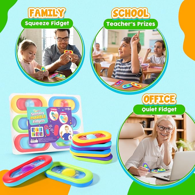 Sensory Marble Fidget Toys for Kids- 6 Pcs Quiet Fidget for Classroom, Gel Filled Autism Sensory Toys ADHD, Silent Stress Fidgets Squishy Worry Stones, Travel Road Trip Activities for Kids Gifts