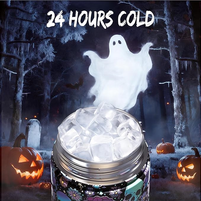 Halloween Insulated Water Bottle with Straw, Stainless Steel Water Bottle, Leak Proof BPA-Free, Keeps Cold for 24 Hours for Sports, Skull Spooky Holiday Gifts (26 oz, Floral Afterlife)