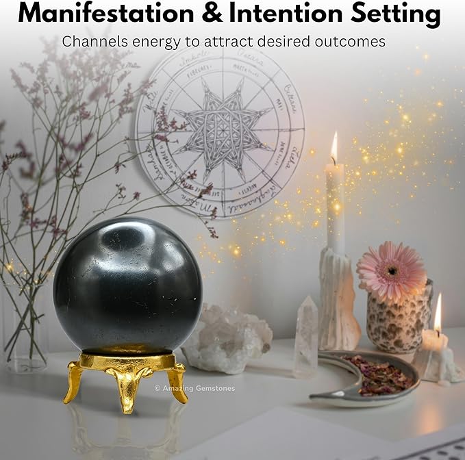 Amazing Gemstone Hematite Crystal Ball with Stand - 2 Inches Crystal Sphere Meditation Balls for Witchcraft and Decorative Balls