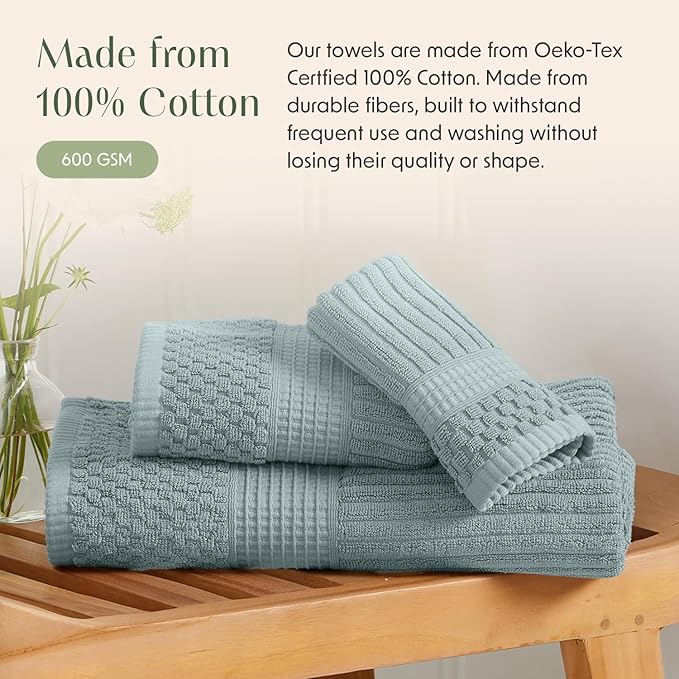 Springtree Home 100% Cotton Bath Towel Set | 6 Piece Set | Absorbent & Quick-Dry Bath Towels | Textured and Durable Cotton | Krista Collection - Silver Blue