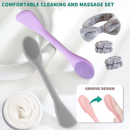 Facial Cleansing Brush, 2 in 1 Silicone Face Mask Brush & Face Scrubber, Face Wash Headband and Wristband Set，5 Pieces (Grey&Purple+Grey)