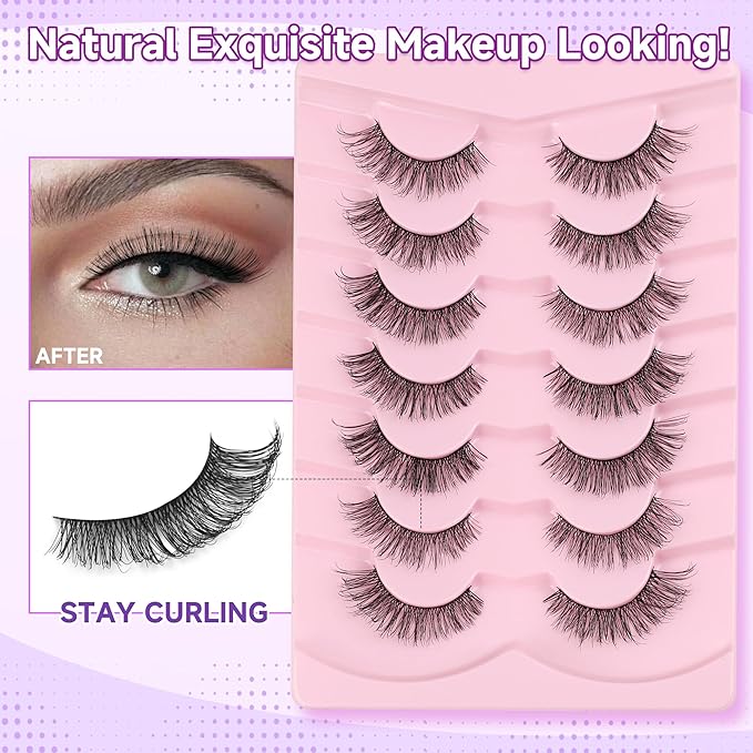Wispy Lashes Natural Cat Eye Lashes 14mm False Eyelashes Thin Memory Band Volume False Lashes Soft Strip Lashes Pack C Curl Natural Eyelashes Fake Eyelashes 7 Pair EVENTILL