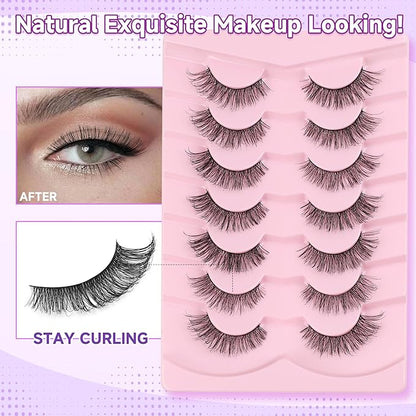 Wispy Lashes Natural Cat Eye Lashes 14mm False Eyelashes Thin Memory Band Volume False Lashes Soft Strip Lashes Pack C Curl Natural Eyelashes Fake Eyelashes 7 Pair EVENTILL