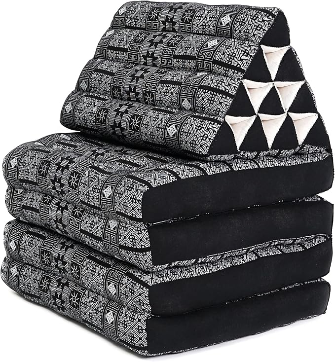 Leewadee Comfortable Japanese Floor Mattress - Thai Floor Bed with Triangle Cushion - Futon Mattress - XL Extra Long Thai Massage Mat, 89 x 20 inches, Black, Kapok Filling