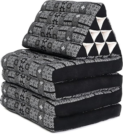 Leewadee Comfortable Japanese Floor Mattress - Thai Floor Bed with Triangle Cushion - Futon Mattress - XL Extra Long Thai Massage Mat, 89 x 20 inches, Black, Kapok Filling