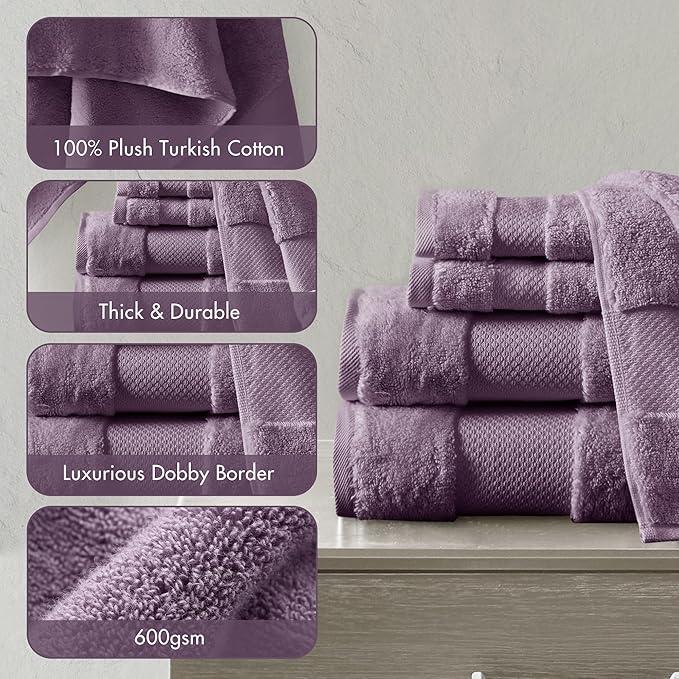 Madison Park Turkish 100% Cotton Towel Set, 600Gsm Luxury Premium Weight, Soft Absorbent Hotel Bathroom Shower Hand Face Washcloths, Assorted Sizes Purple 6 Piece