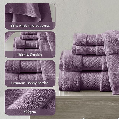 Madison Park Turkish 100% Cotton Towel Set, 600Gsm Luxury Premium Weight, Soft Absorbent Hotel Bathroom Shower Hand Face Washcloths, Assorted Sizes Purple 6 Piece