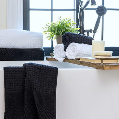 Texere 100% Organic Cotton Diamond Jacquard 700 GSM Luxury Bath Towel Sets - Ultra Soft and Absorbent Hotel and Spa Quality (Diamond, Black, 2 Bath & 2 Hand Towels)