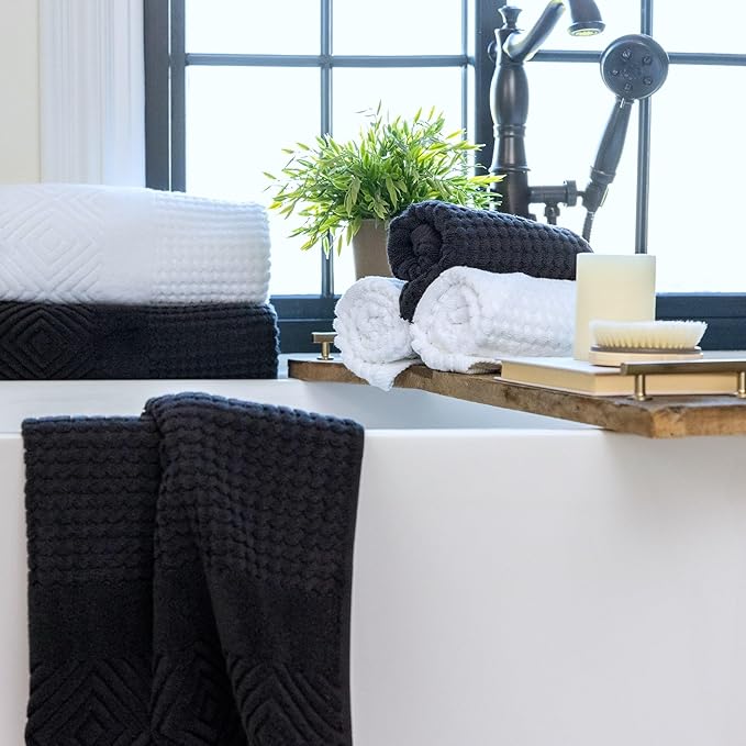 Texere 100% Organic Cotton Diamond Jacquard 700 GSM Luxury Bath Towel Sets - Spa Quality Bath Towels, Hand Towels, Washcloths (Diamond, Black, 6 Piece)