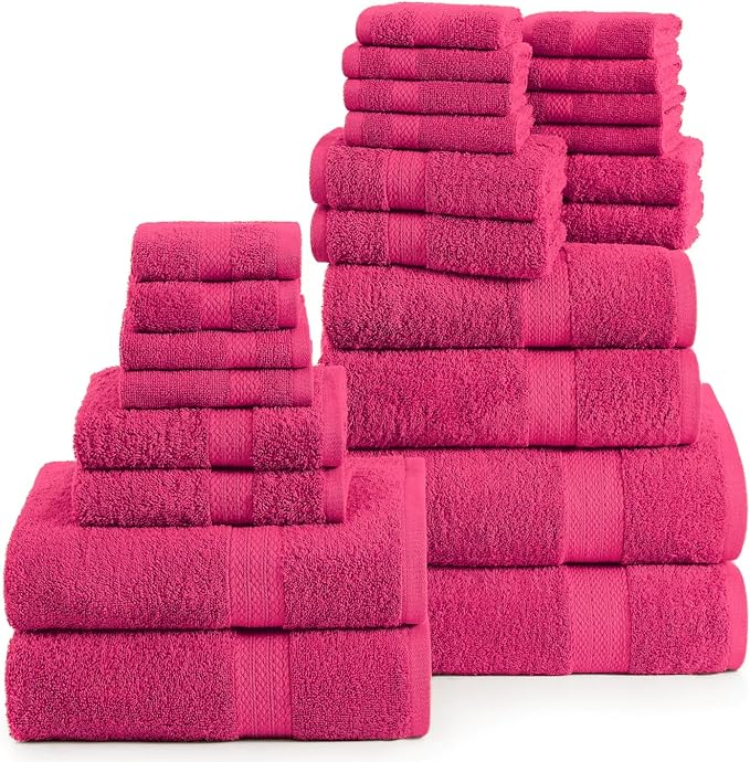 LANE LINEN 100% Cotton Bathroom Towels Set - 24 Pc - Ringspun - Plush, Quick Dry, Soft & Absorbent - 2 Bath Sheets, 4 Bath, 6 Hand Towels, 8 Washcloths, 4 Fingertip - Ideal for Daily Use- Fuchsia