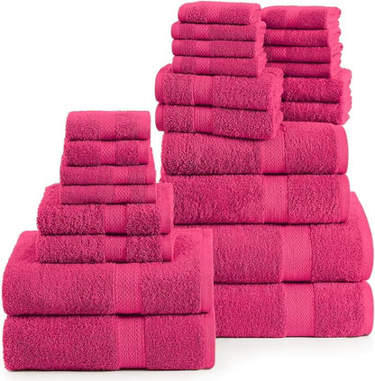 LANE LINEN 100% Cotton Bathroom Towels Set - 24 Pc - Ringspun - Plush, Quick Dry, Soft & Absorbent - 2 Bath Sheets, 4 Bath, 6 Hand Towels, 8 Washcloths, 4 Fingertip - Ideal for Daily Use- Fuchsia