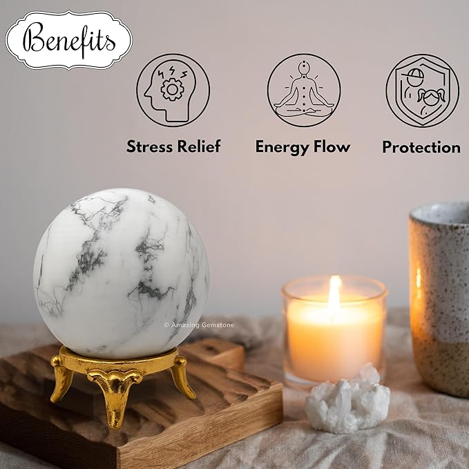 Amazing Gemstone Howlite Crystal Ball with Stand - 2 Inches Crystal Sphere Meditation Balls for Witchcraft and Decorative Balls