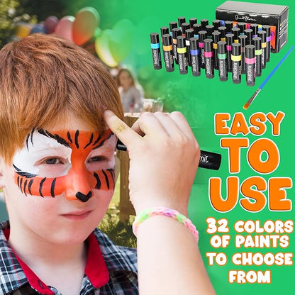 Jim&Gloria Water Based Face Paint Sticks Bulk 32 Professional Face Painting Kit for Kids Party, Metallic, Neon, Classic Facepaint Crayons, Washable Body Paint Adults Cosplay, Clown, Halloween Makeup
