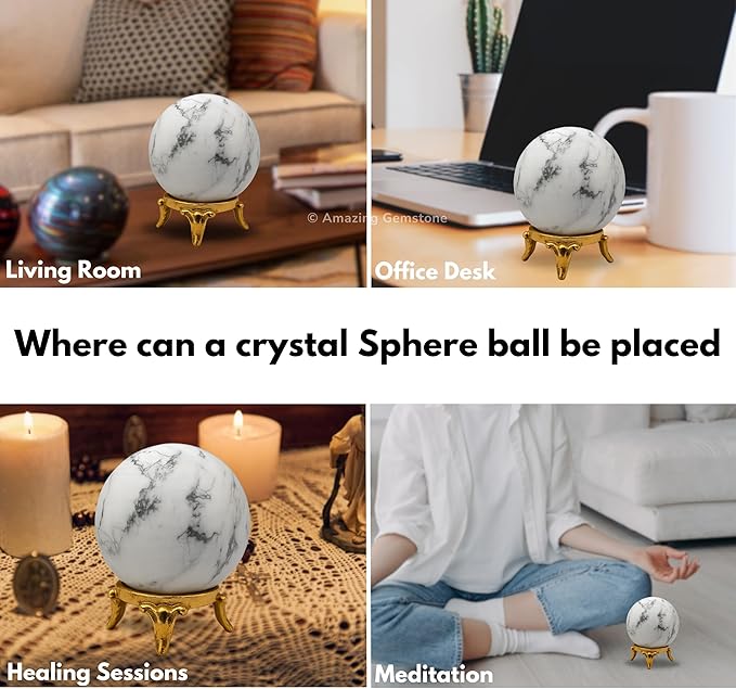 Amazing Gemstone Howlite Crystal Ball with Stand - 2 Inches Crystal Sphere Meditation Balls for Witchcraft and Decorative Balls