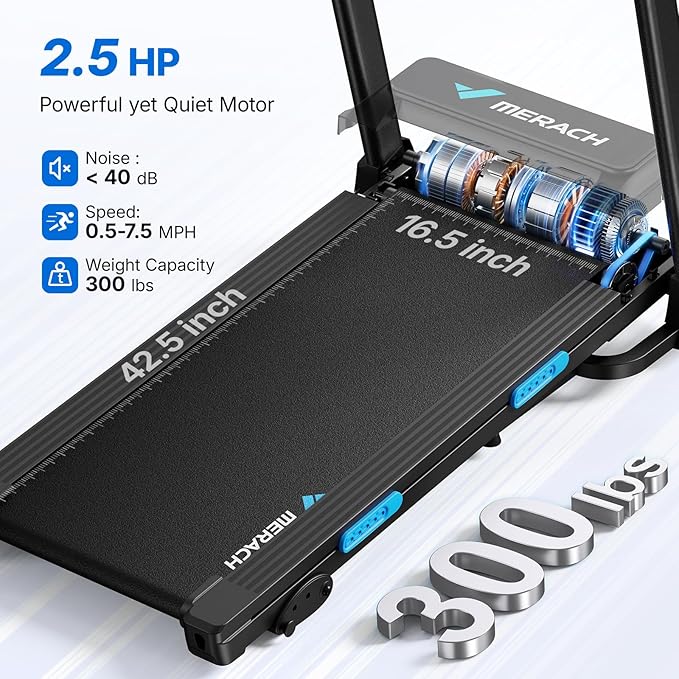 MERACH Treadmills for Home with Incline 6%-15%, 300 LBS Capacity Double Deck Foldable Treadmill with Incline, 0.5-7.5MPH Quiet 2.5HP Brushless Incline Treadmill LED Display with Smart APP