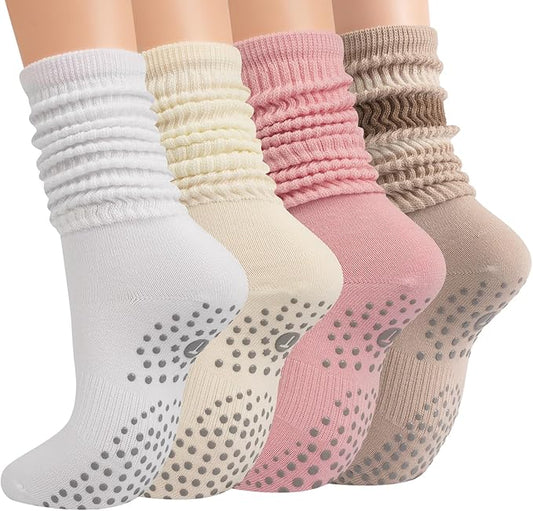 Grip Pilates Slouch Socks for Women, Non Slip Scrunch Yoga Barre, Grippy Slouchy Knee High Boot Socks for Hospital