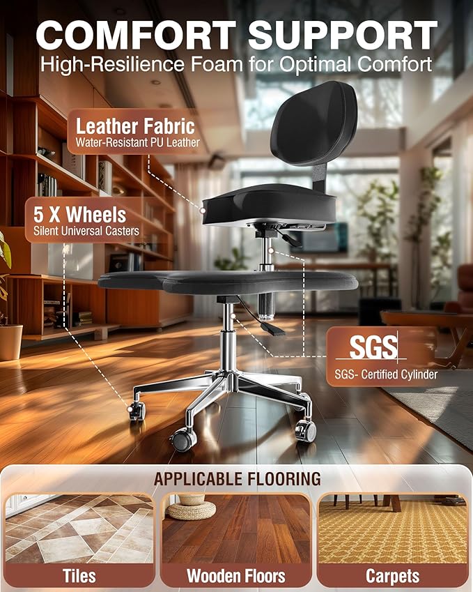 PYY Cross Legged Office Chair - ADHD Chairs for Adults Meditation with Wheels, Kneeling Chair Adjustable Height Ergonomic Fidget Squatting for Home and Office Black