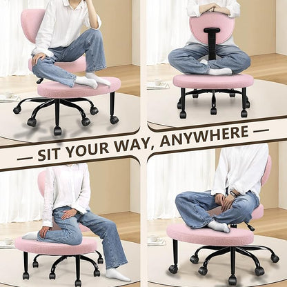 Ergonomic Cross Legged Office Chair with Wheels - Adjustable Height for Meditation, ADHD Desk & Yoga - Wide Criss Cross Design with Lumbar Support, Kneeling Chair - Pink