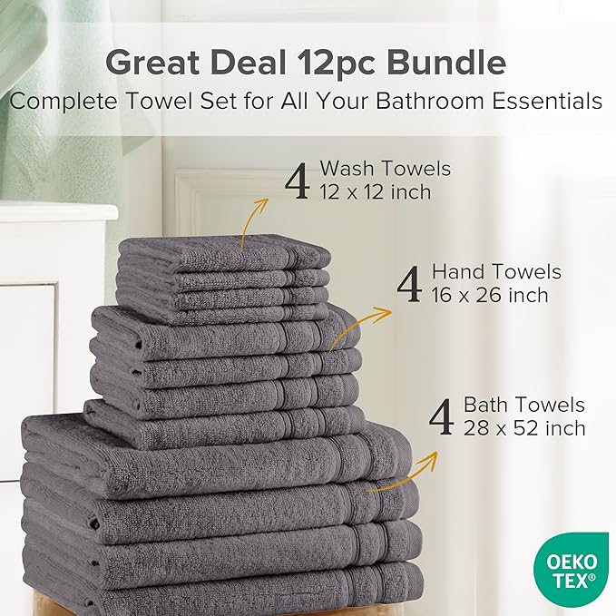 Comfort Spaces Luxury Bath Towel Set - 12 piece Set, Quick Dry, 4 Hand Towels, 4 Washcloths, 4 Large Bath Towels, 100% Cotton, Zero Twist, Soft, Lightweight, Dark Grey