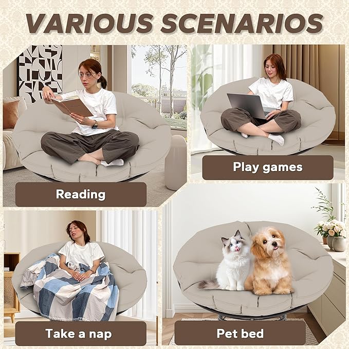 46'' Large Size Papasan Chair with Cushion and Frame, Lazy Circle Round Chair for Bedroom and Living Room, Beige