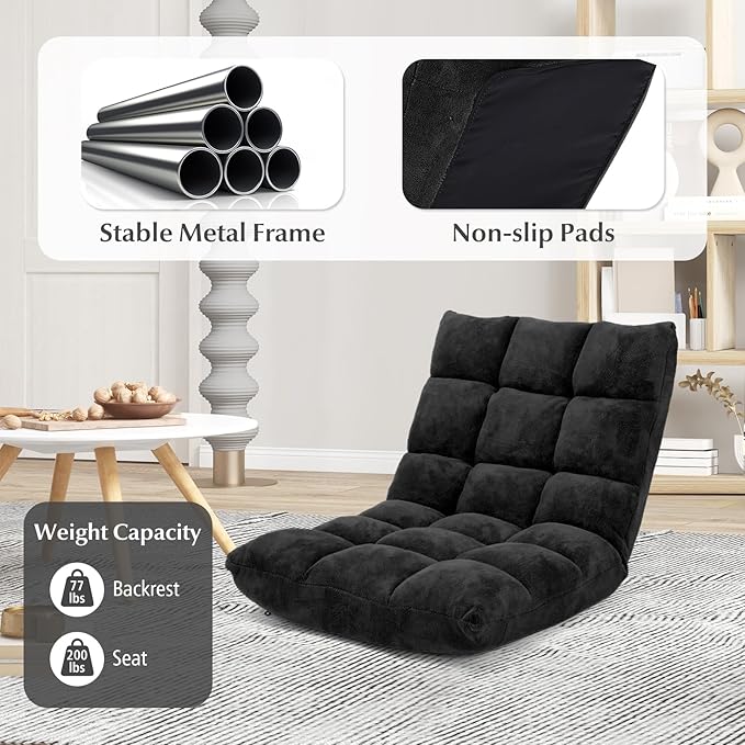 RELAX4LIFE Floor Chair with Back Support - 14-Position Adjustable Lazy Sofa Chair, Padded Sleeper Bed & Couch Recliner for Reading Meditation, Folding Floor Gaming Chair for Adults (Black)