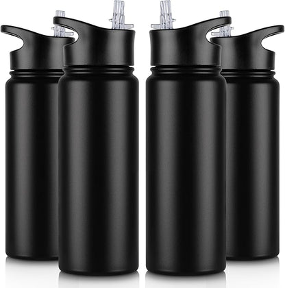 24 oz Insulated Water Bottle Bulk 4 Pack, Stainless Steel Sports Water Bottles with Straw Lid & Wide Mouth Lids, Double Walled Vacuum, Leak Proof, Black