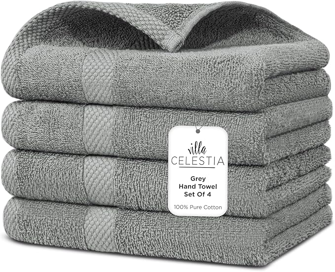 100% Cotton Hand Towel Set of 4, (16 x 28 inches) Sustainable, Soft, Highly Absorbent, Quick Drying, Combed Cotton Hand Towels Pack of 4 Ideal for Hotels, Spa, Bathroom, Dorm, Grey