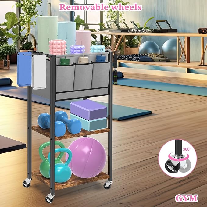 Yoga Mat Storage Rack Home Gym Equipment Yoga Mat Holder for Yoga Mat Dumbbells Kettlebells Foam Roller Yoga Strap Workout Equipment Storage Organizer with Hooks Wheels, Rustic Brown