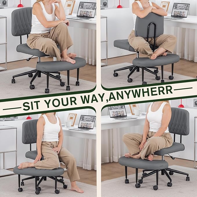 Ergonomic Cross Legged Office Chair with Brake Wheels, Wide Seat and Backrest for Meditation, ADHD Cross Legged Office Chair with Adjustable Height, 360°Rotating Footrest for Yoga Home Office