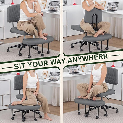 Ergonomic Cross Legged Office Chair with Brake Wheels, Wide Seat and Backrest for Meditation, ADHD Cross Legged Office Chair with Adjustable Height, 360°Rotating Footrest for Yoga Home Office
