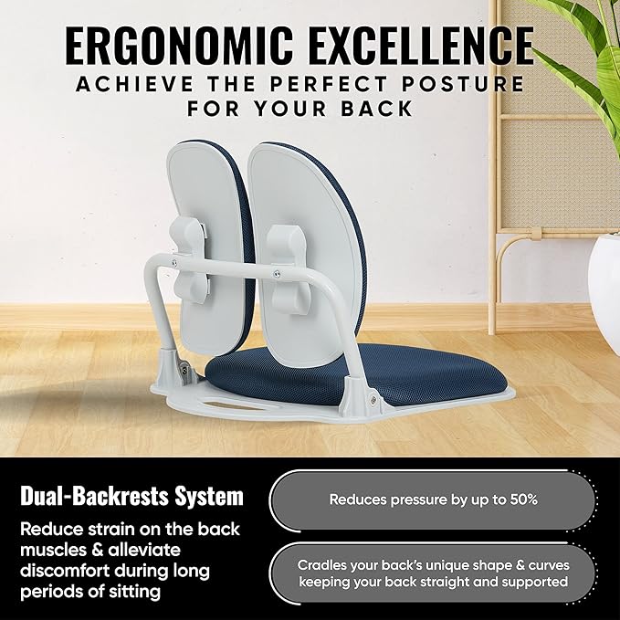 Made in Korea Dual-Backrests Ergonomic Floor Chair With Back Support - Meditation, Gaming, Reading Chair for Adults, Foldable (Blue)