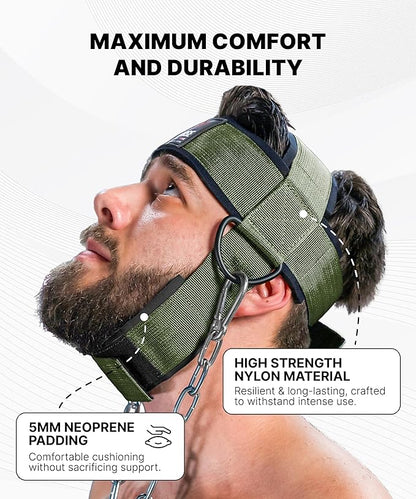 DMoose Fitness Neck Harness for Weight Lifting - Soft Padded Head & Chin Strap with 30" Heavy Duty Steel Chain - Neck Exerciser, Trainer & Strengthener to Support Injury Recovery and Intense Workouts