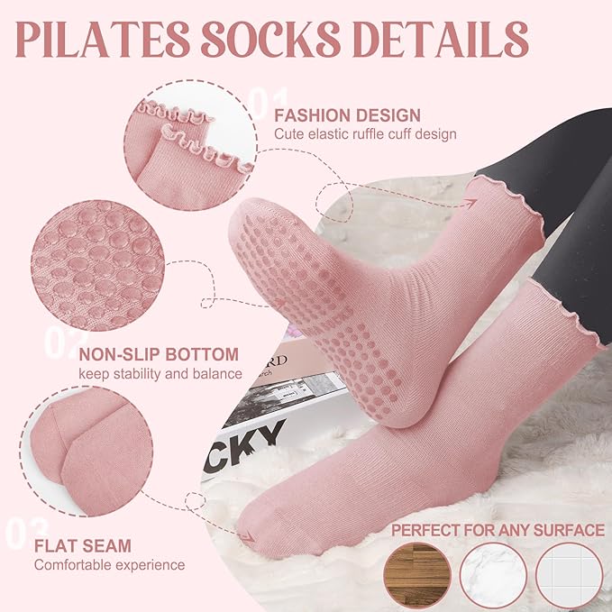 4 Pairs Pilates Socks with Grips for Women Yoga Ruffle Cute Grip Socks Pilates Non Slip Crew Ballet Hospital Workout