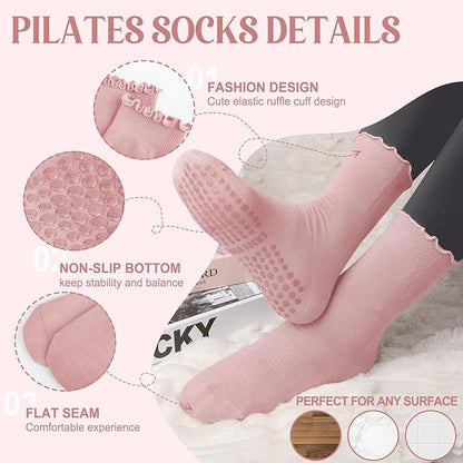 4 Pairs Pilates Socks with Grips for Women Yoga Ruffle Cute Grip Socks Pilates Non Slip Crew Ballet Hospital Workout