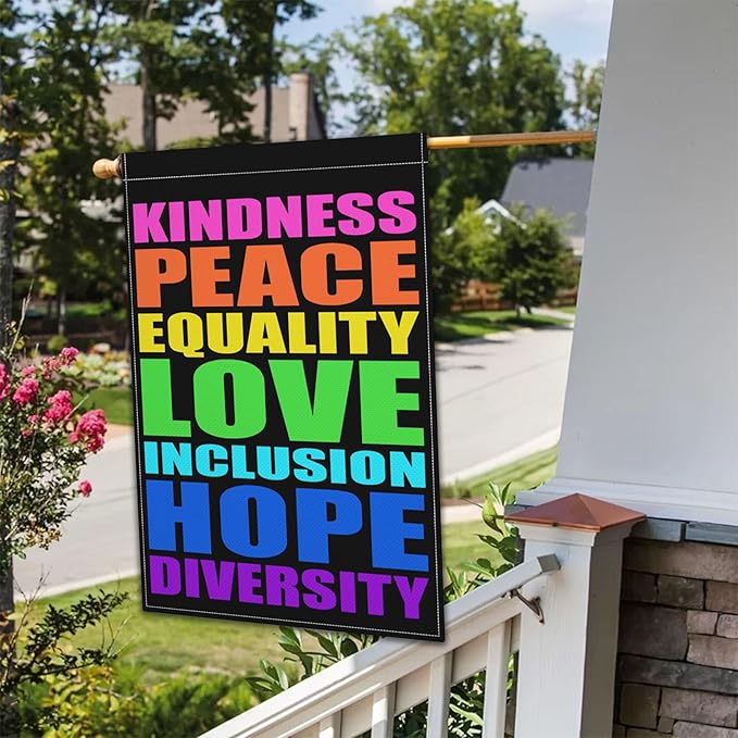 Pride Garden Flag 12x18 Inch Kindness Peace Equality Love Inclusion Hope Diversity Garden Flag 3ply Fabric Vertical Double Sided Printing for Outdoor House Yard Outside Garden Decor