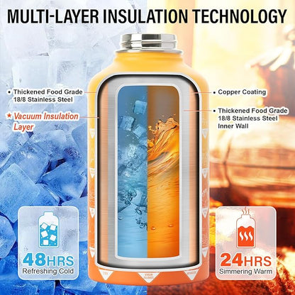 Insulated Water Bottle | Thickened Stainless Steel Vacuum Metal | Portable Sports Half Gallon Large Water Jug for Gym and Hiking with Straw, Carrier Bag, Handle Strap | BPA-Free 64 oz