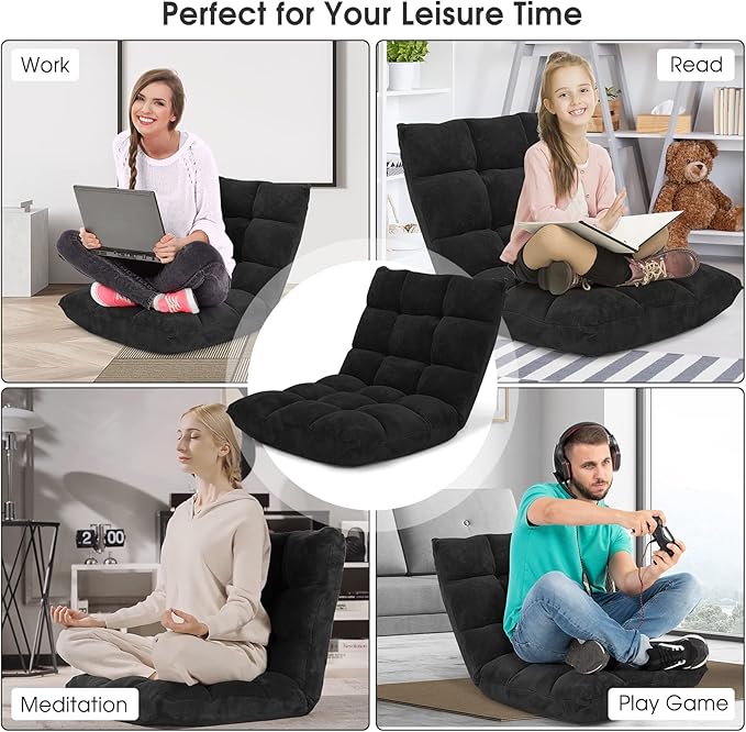 Moccha 14-Position Floor Chair, Folding Sofa Chair with Back Support, Memory Foam Floor Gaming Chairs for Adults, Adjustable Padded Couch Recliner Sleeper Bed for Reading, Meditating, Black