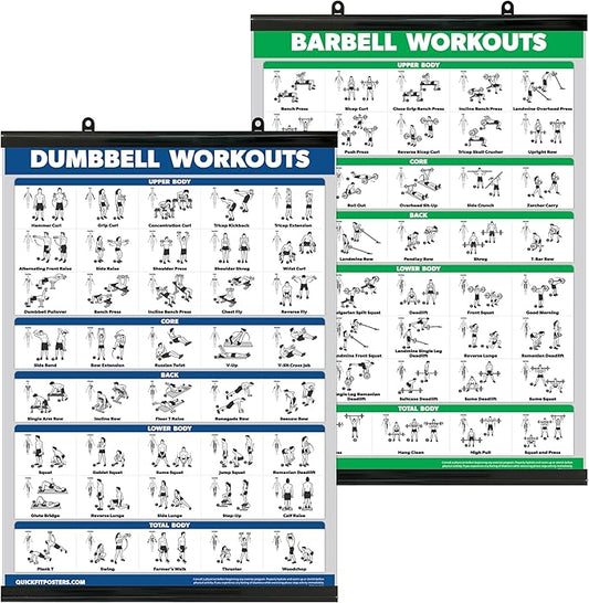 QUICKFIT Dumbbell Workouts and Barbell Exercise Poster Set - with Plastic Frame 2 Chart Set - Dumbbell Exercise Routine & Barbell Workouts (18" x 24")
