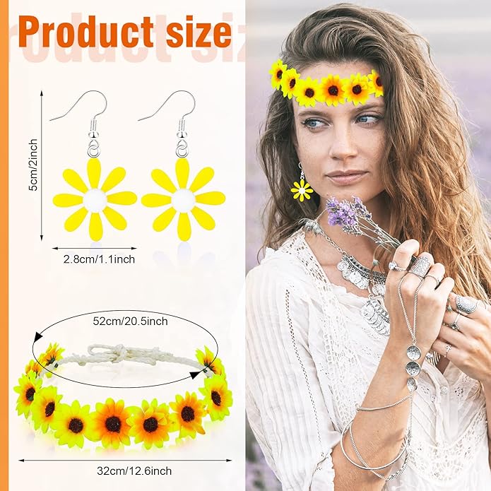 4 Pcs Hippie Costume Accessories Set 70s Peace Sign 60s Outfits for Women Necklace Daisy Earrings Flower Headband Sunglasses