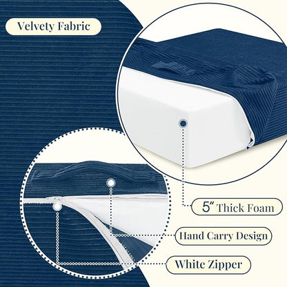 Solid Square Floor Pillows for Adults Kids - Large Meditation Floor Pillow Seating Cushion with Thick Foam & Washable Velvet Cover, 2 Pack, 22x22x5 Inch, Dark Blue