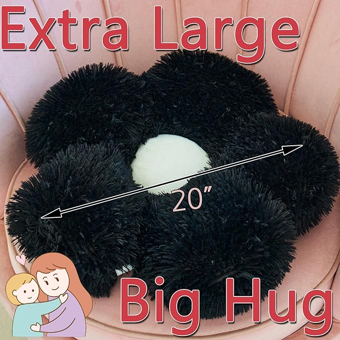 MorroMorn Flower Pillow Shaped Throw Pillows, 20" Floor Pillow Butt Cushion - Fluffy Shaggy Daisy Floral Decorative Pillows for Bed Couch Sofa Chair Cute Plush Faux Fur Room Decor (Black)