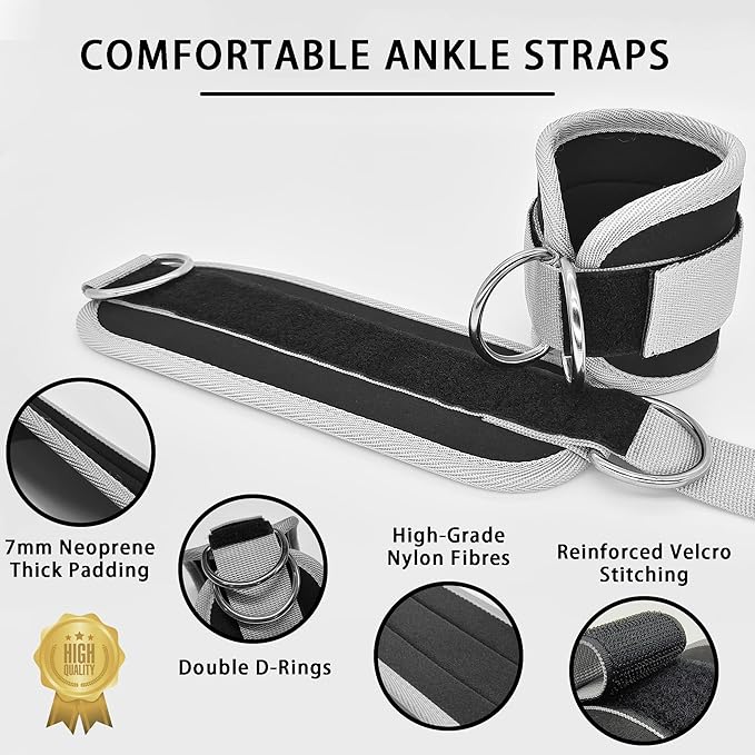 Fitness Ankle Straps for Cable Machines, 2 Pack Comfortable Adjustable Padded Ankle Wrist Cuffs, Kickback Glute Workouts for Men Women, D-Ring Leg Straps with Neoprene Padding