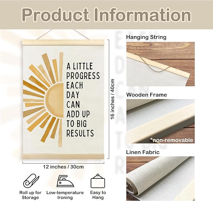 TLESKE Mental Health Inspirational Poster Hanger Frame, a Little Progress Each Day Special Education Wall Art Decor for Therapy Counseling Office Classroom Kids Room, Yellow Boho Sun Picture, 12x16