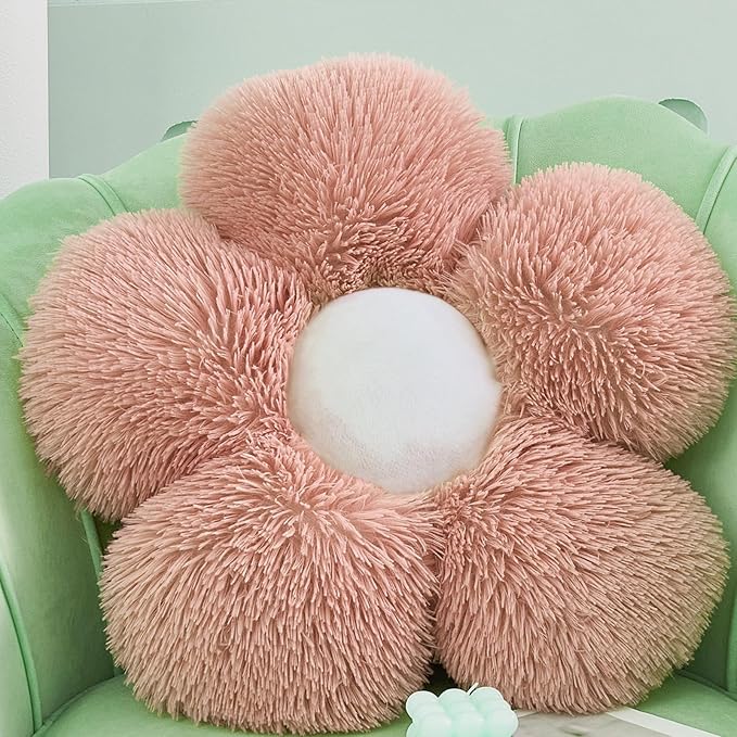 MorroMorn Flower Pillow Shaped Throw Pillows, 20" Floor Pillow Butt Cushion - Fluffy Shaggy Daisy Floral Decorative Pillows for Bed Couch Sofa Chair Cute Plush Faux Fur Room Decor (Blush)