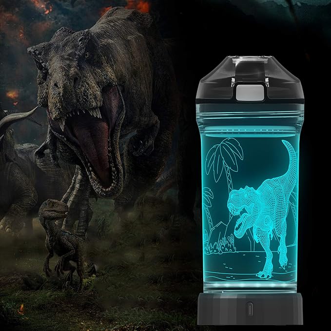 Lightzz Dinosaur Water Bottle, Dinosaur Toys for Kids 5-7 8-12 with 3D Glowing Light, 14 OZ Tritan BPA Free Cup, Dinosaur Gifts for Boys School Kid Child Holiday Camping Picnic